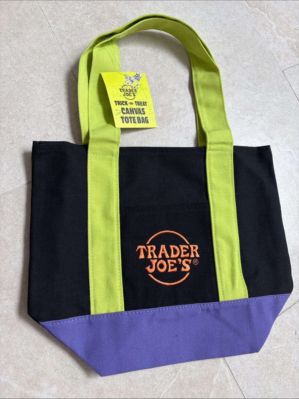 Trader Joe's mini tote Black Canvas Tote with Lime Handles and Purple Base